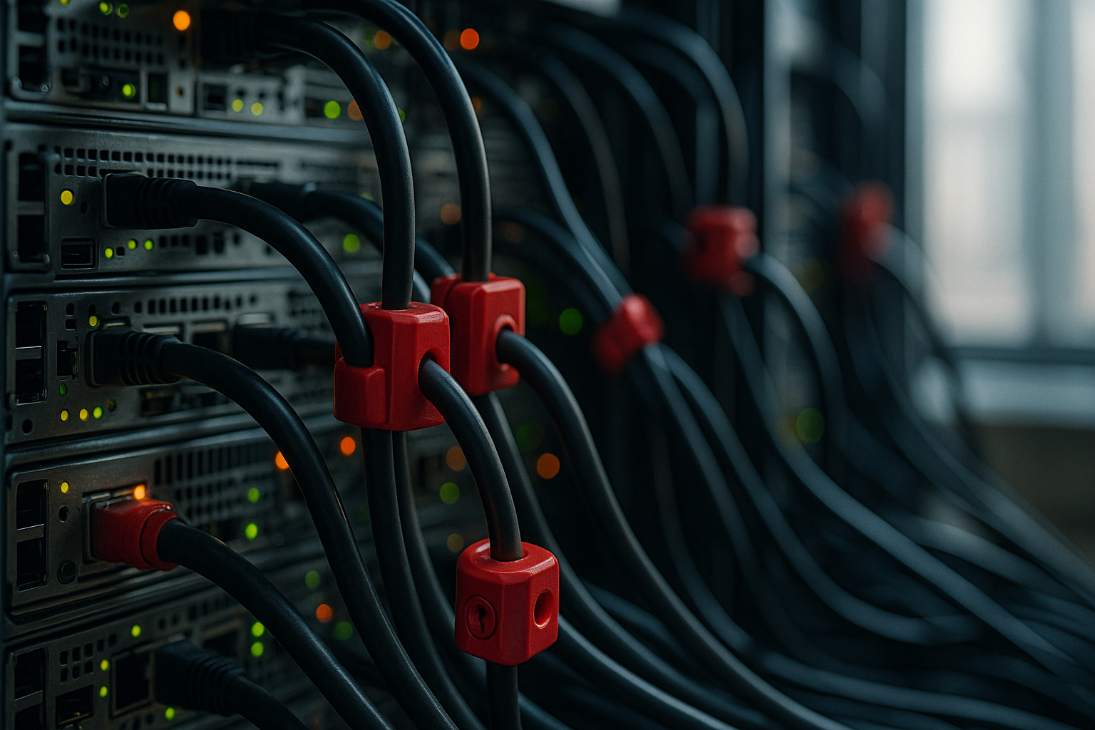 Serverraum mit schwarzen Netzwerkkabeln und roten Anschlussadaptern, verbunden mit leuchtenden Servern im Hintergrund
