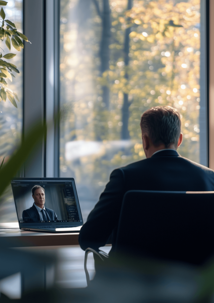 Ein Manager videotelefoniert in einem Büro vor einem Laptop. Die Person am Laptop stellt ein Deepfake dar.